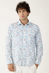 Linen White with Sky Grey Abstract Print Shirt for Men