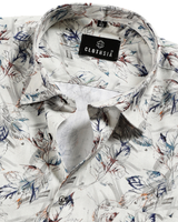 Giza Cotton Leaf Sketch Print White With Navy Blue Men Shirt