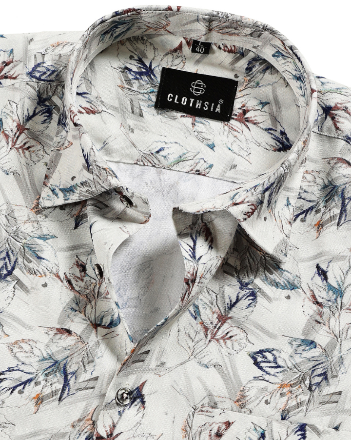 Giza Cotton Leaf Sketch Print White With Navy Blue Men Shirt
