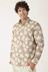 Botanical Leaf Print Cream With Fawn Colour Men’s Shirt