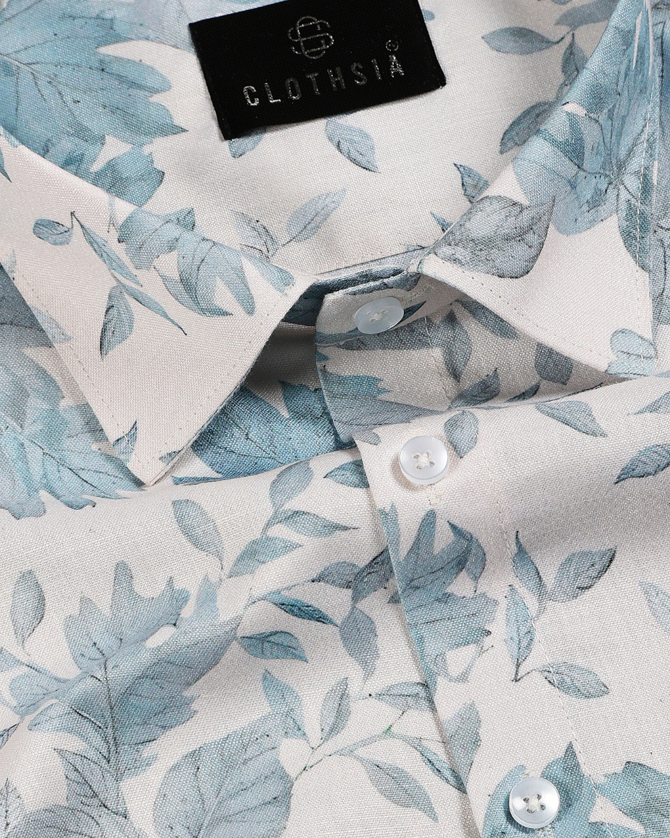 Linen Cotton Print Cream with Sky Blue Mix Men Shirts