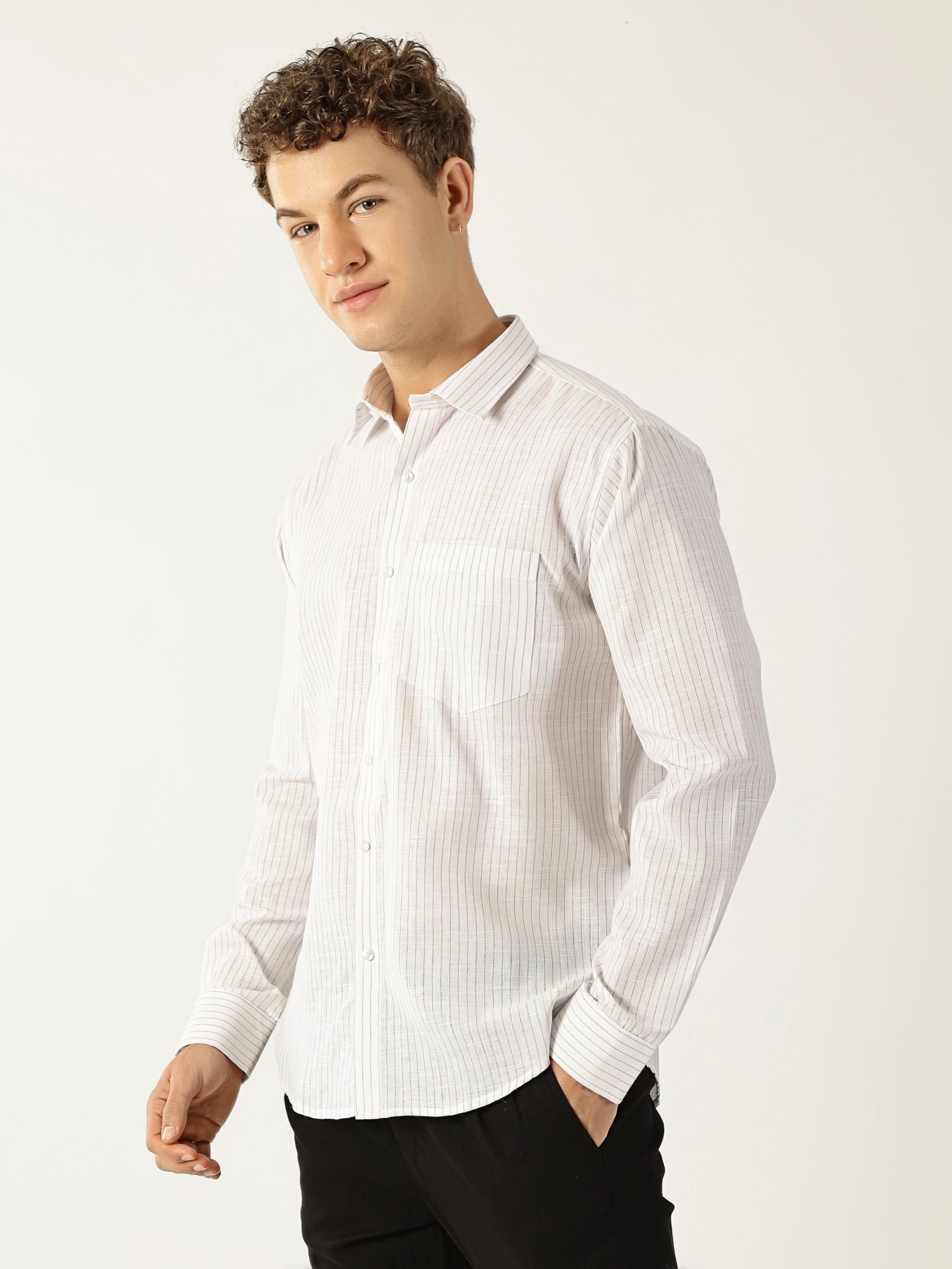 Linen Vertical Small Stripe White With Green Men’s Shirt