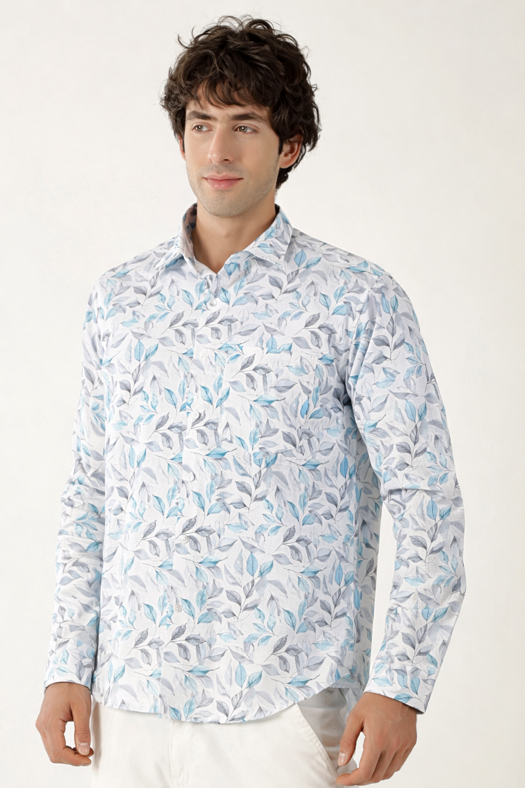 Linen White with Sky Grey Abstract Print Shirt for Men