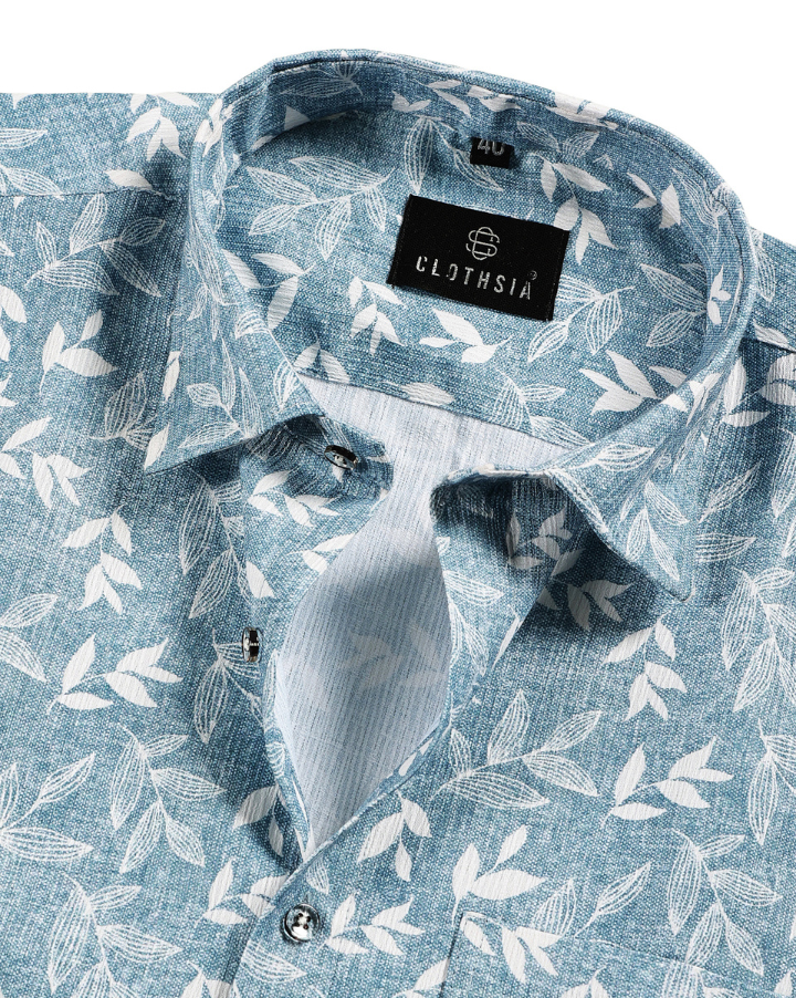 Linen Cotton Botanical Leaf Print Dusty Aqua Colour Men Shirt