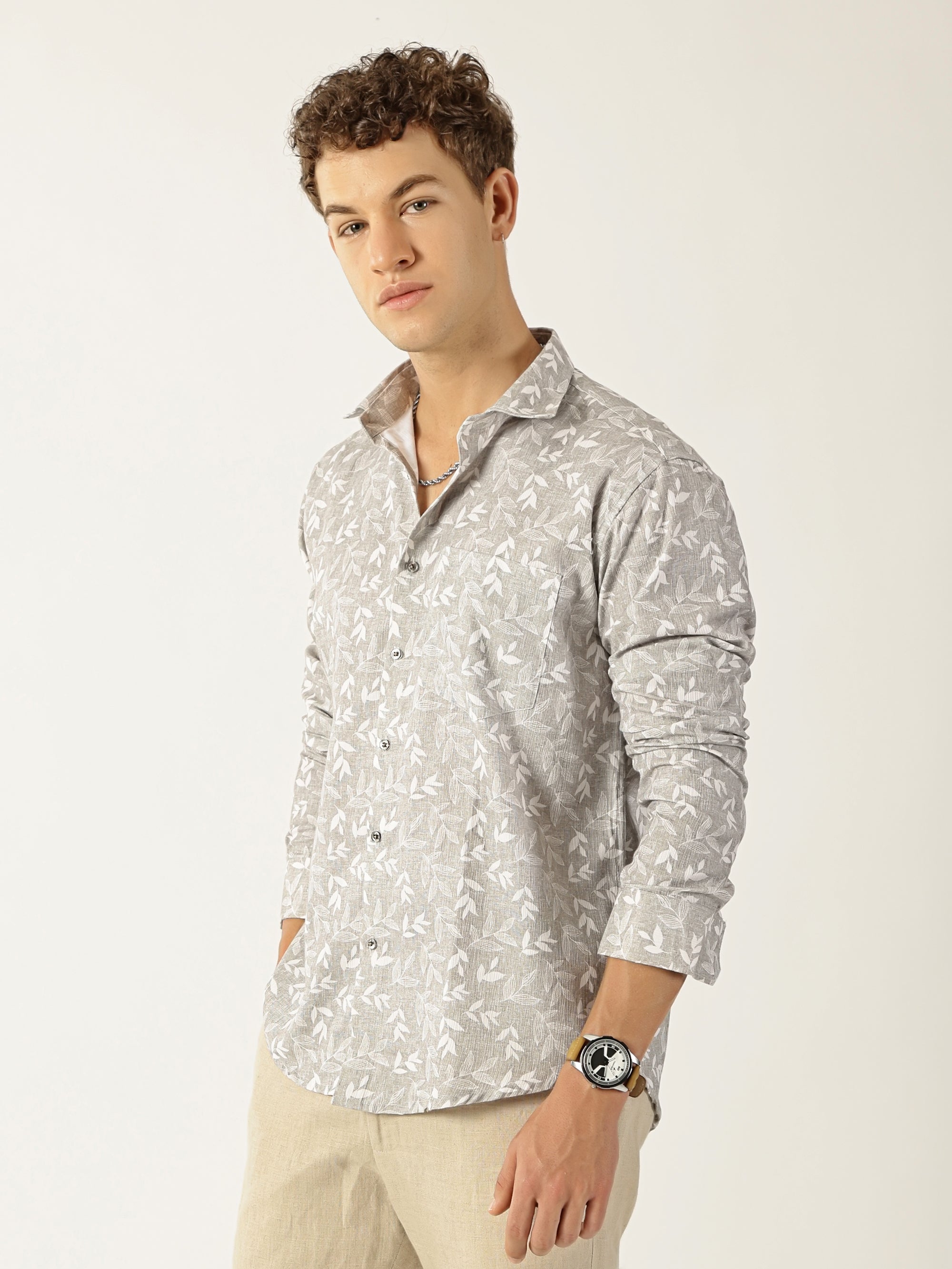 Linen Dusty Brown Botanical Leaf Print Shirt for Men