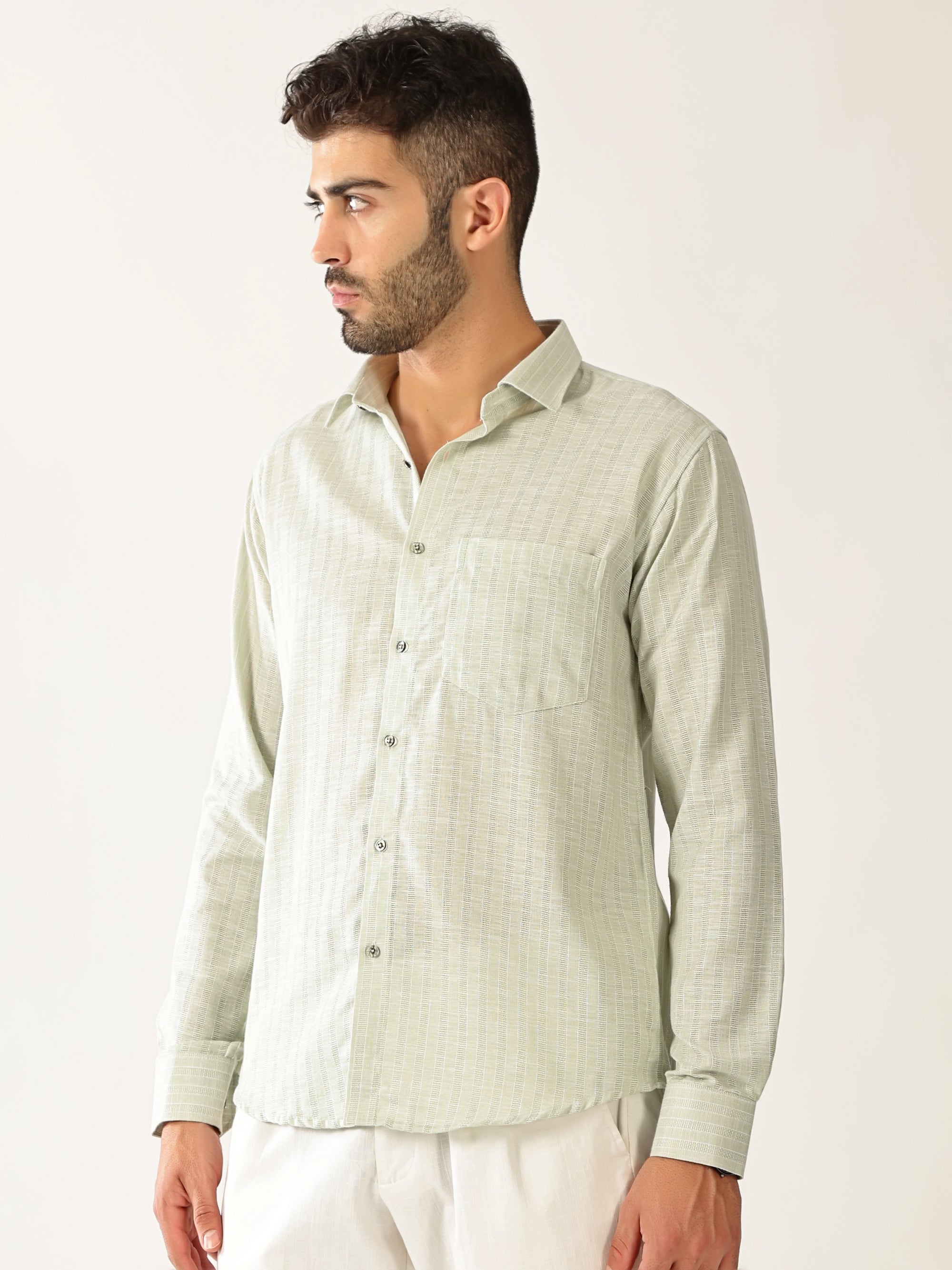Linen Cotton Formal Stripe Pastel Green Men’s Shirt