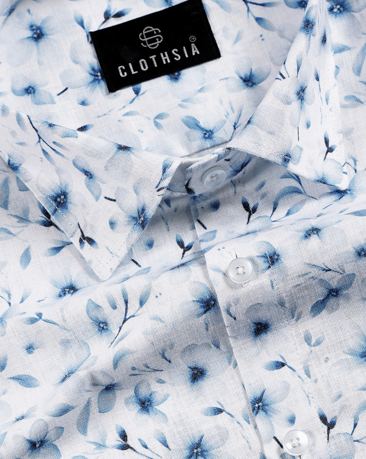 Giza Cotton Flower Print White Blue Colour Men Shirt