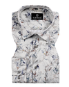 Giza Cotton Leaf Sketch Print White With Navy Blue Men Shirt