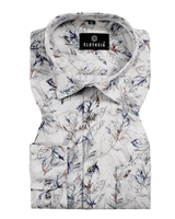 Giza Cotton Leaf Sketch Print White With Navy Blue Men Shirt