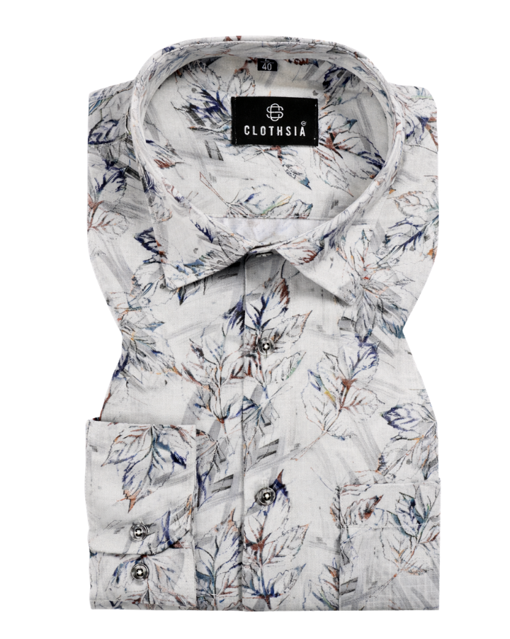 Giza Cotton Leaf Sketch Print White With Navy Blue Men Shirt