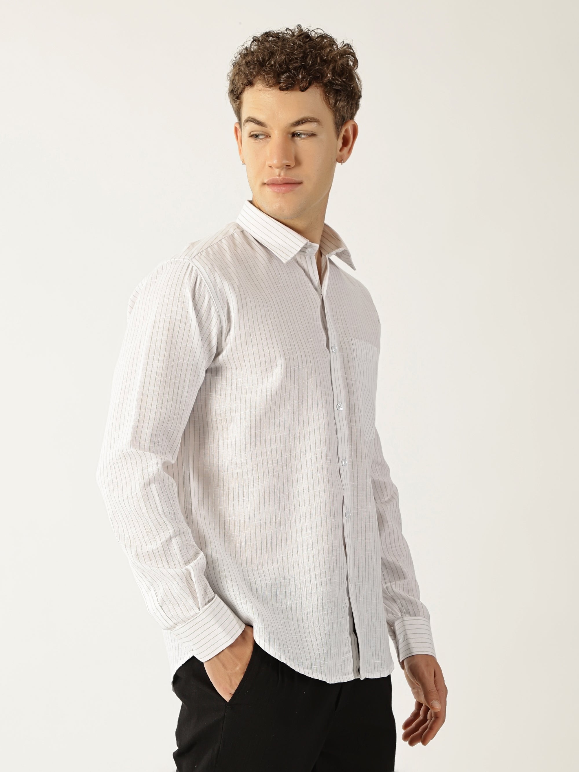 Linen Vertical Small Stripe White With Green Men’s Shirt