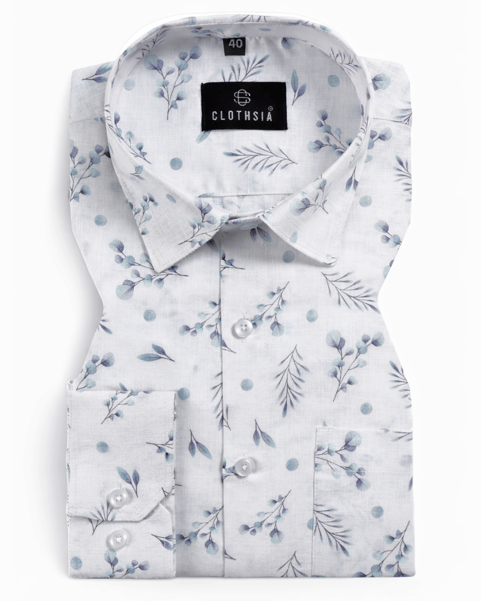 Linen White with Dusty Blue Print Shirt for Men