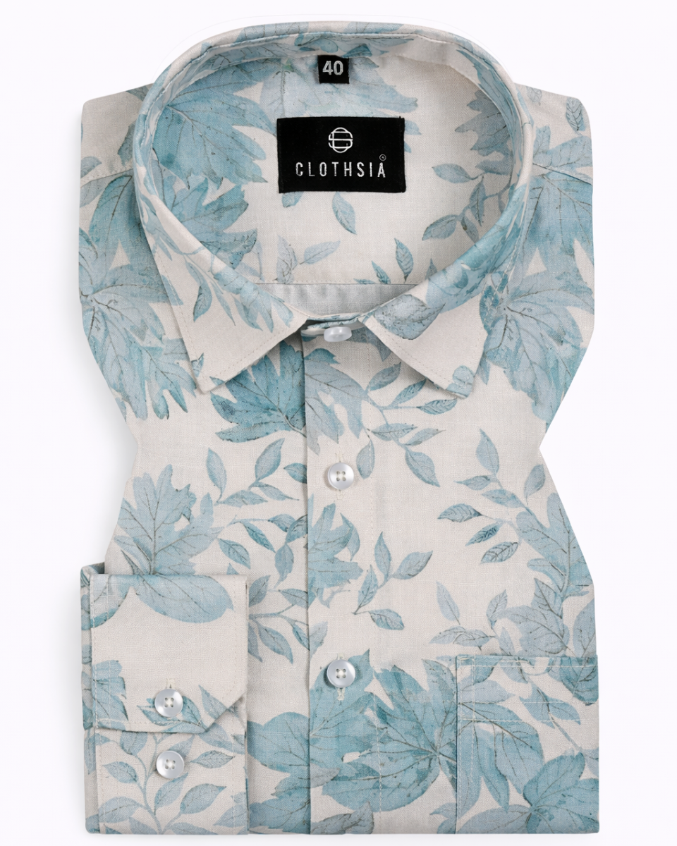 Linen Cotton Print Cream with Sky Blue Mix Men Shirts