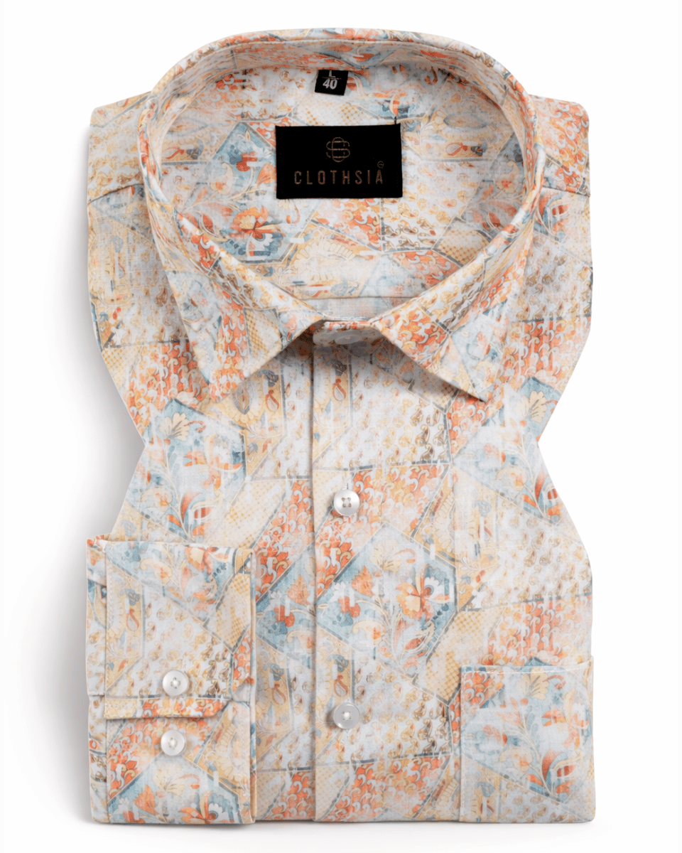 Giza Cotton Print Sky Blue Peach Orange Men Shirts