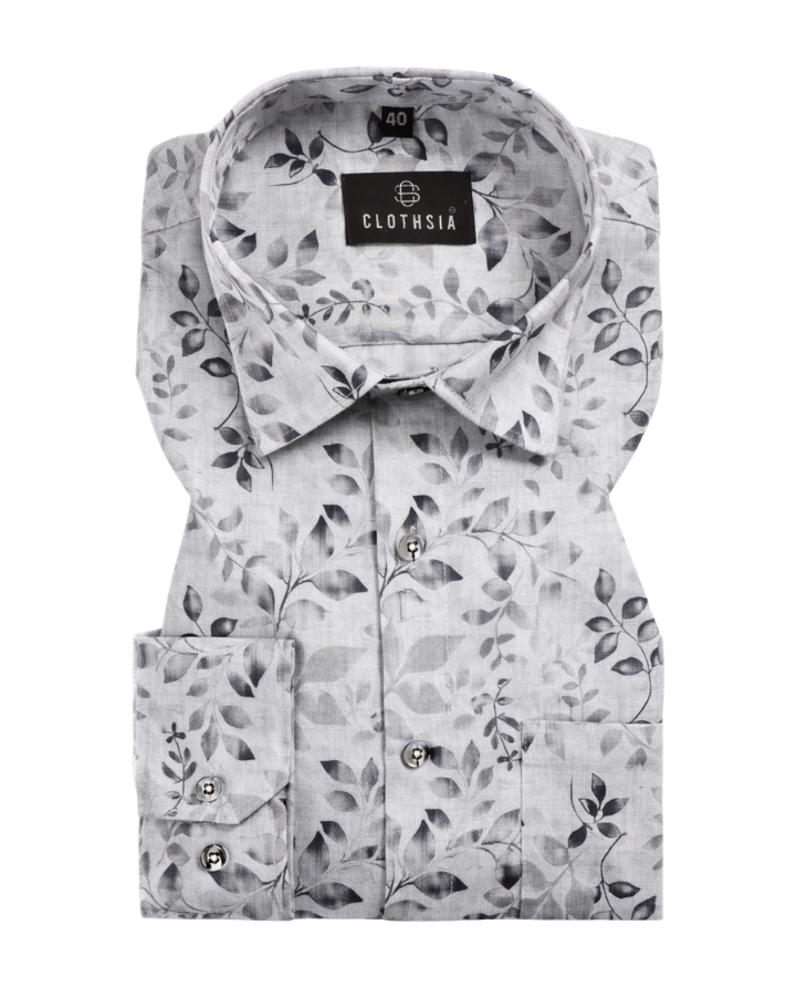 Giza Cotton Leaf Print White With Black Men Shirt