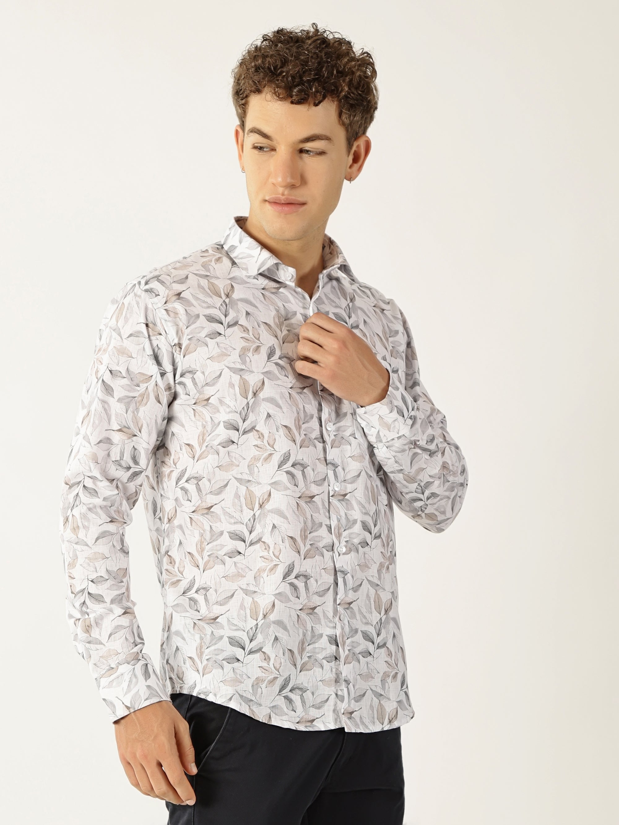 Linen White with Grey Brown Abstract Print Shirt for Men