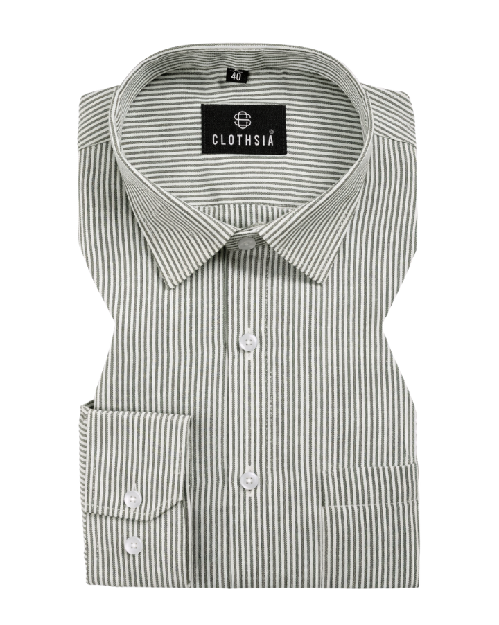 Cotton Small Stripe Green With White Men Shirt
