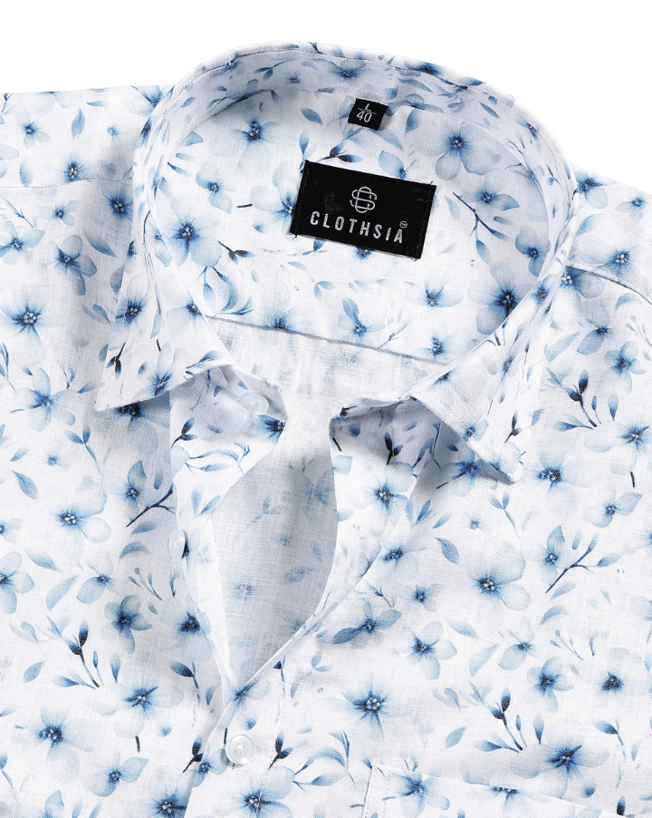 Giza Cotton Flower Print White Blue Colour Men Shirt