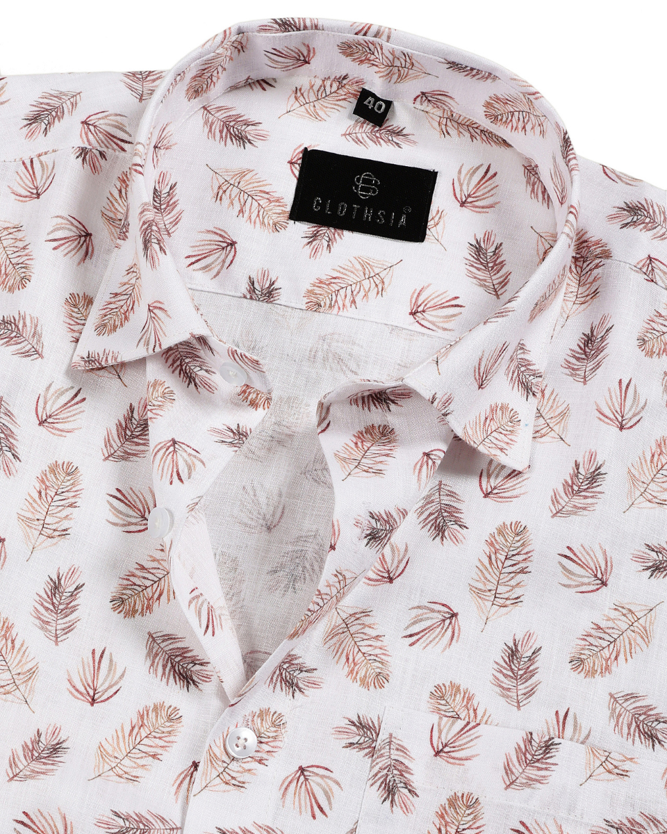 Giza Cotton Leaf Print White with Brown Men Shirts