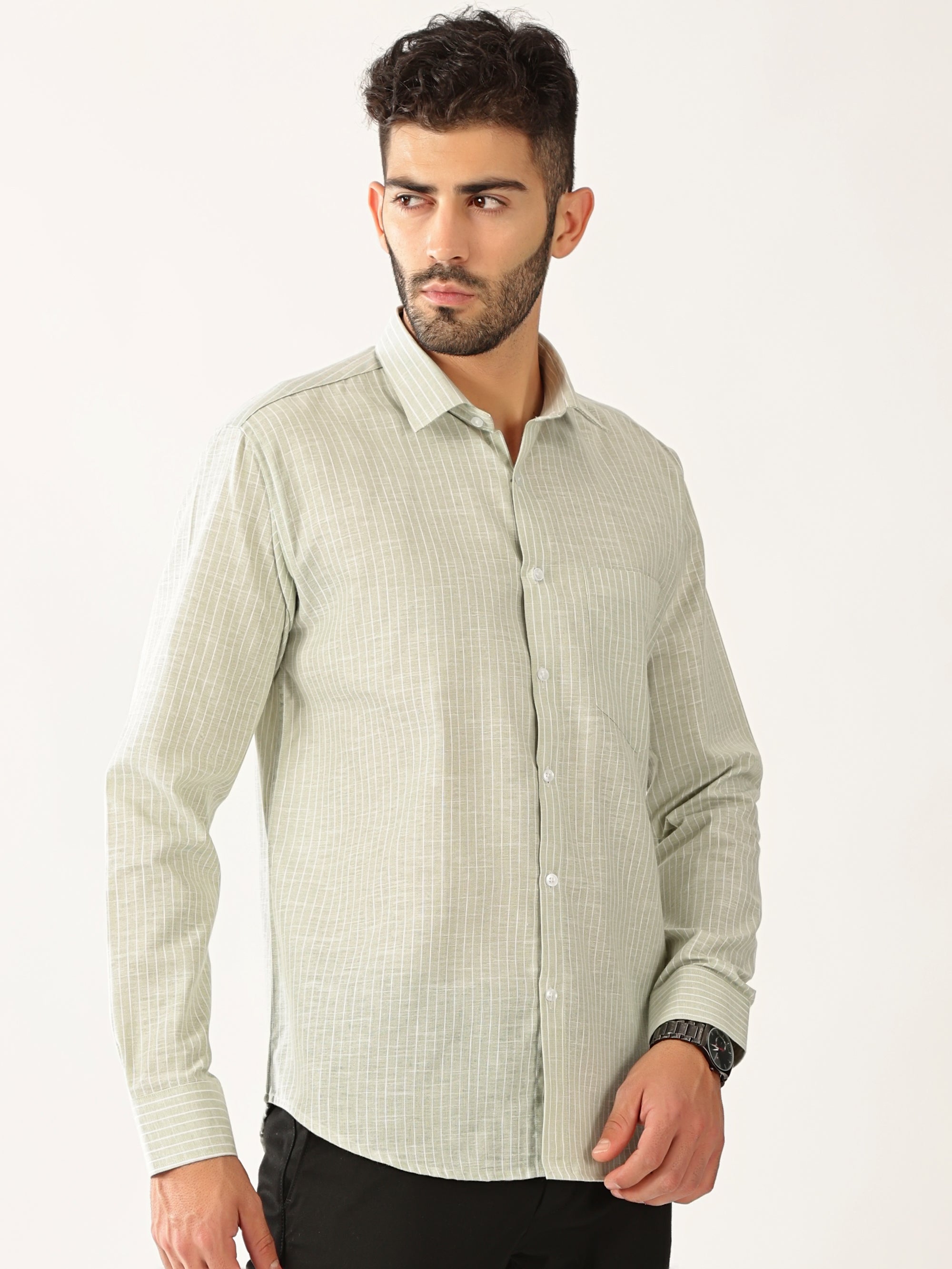Linen Vertical Small Stripe Green With White Men’s Shirt