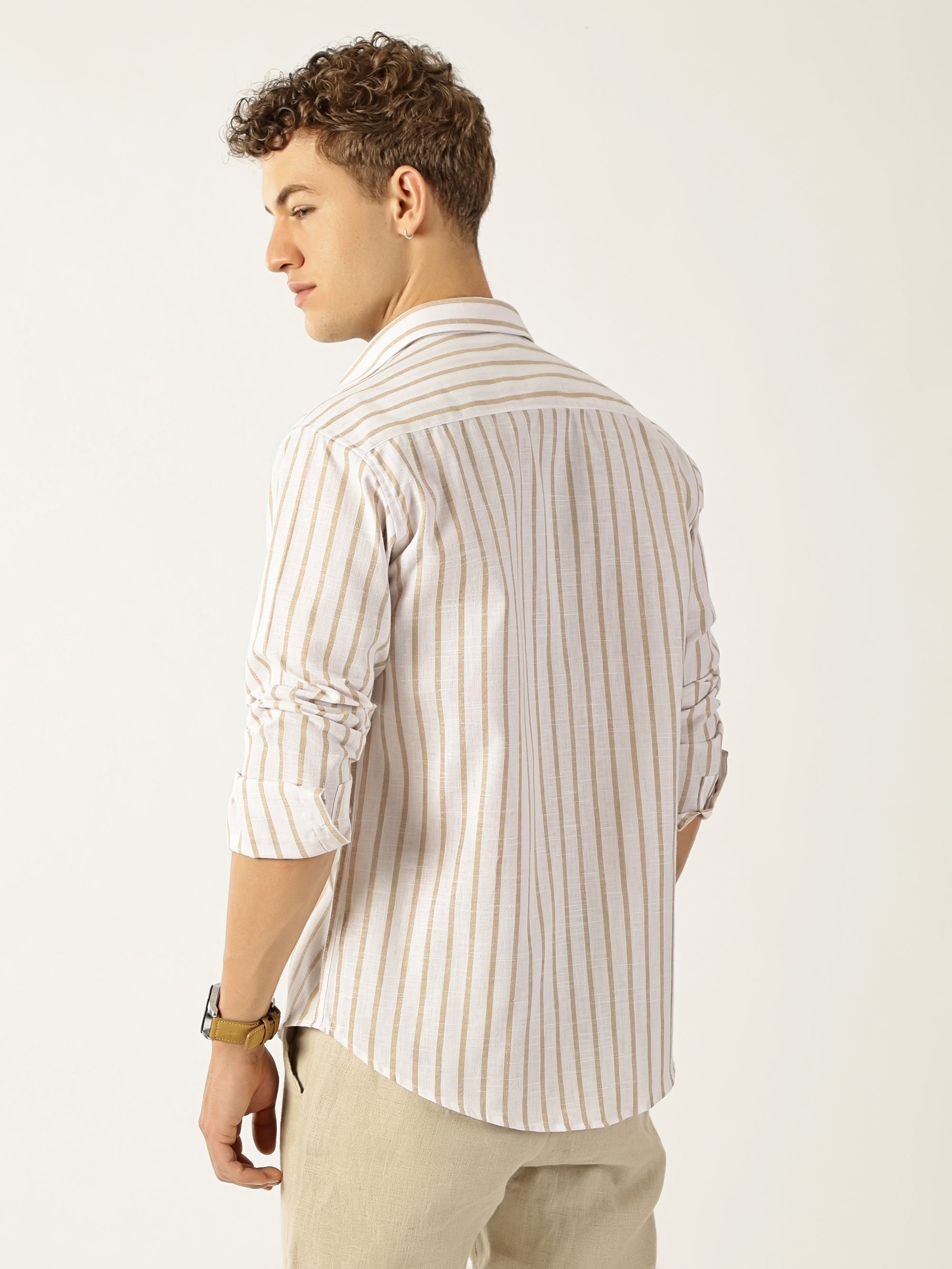Vertical Stripe White With Beige Colour Men’s Shirt