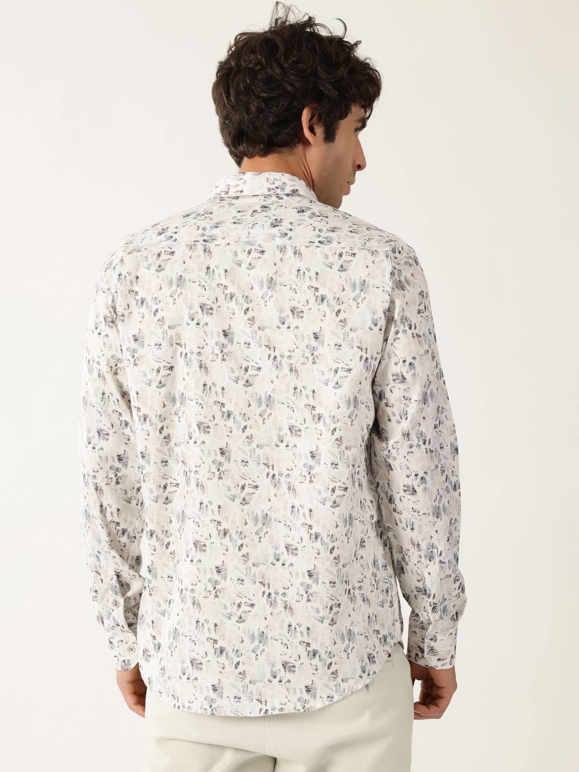 Giza Cotton Leaf Print White With Brown Black Mix Men’s Shirt