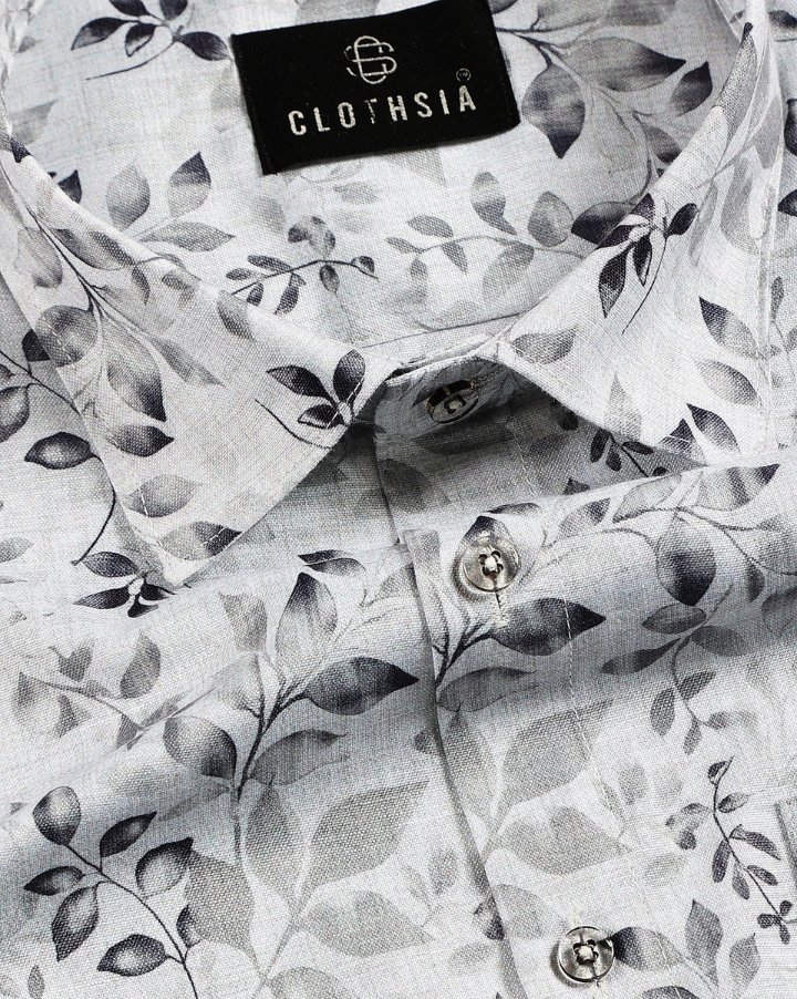 Giza Cotton Leaf Print White With Black Men Shirt