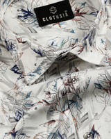 Giza Cotton Leaf Sketch Print White With Navy Blue Men Shirt
