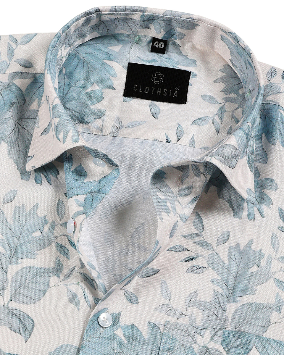 Linen Cotton Print Cream with Sky Blue Mix Men Shirts
