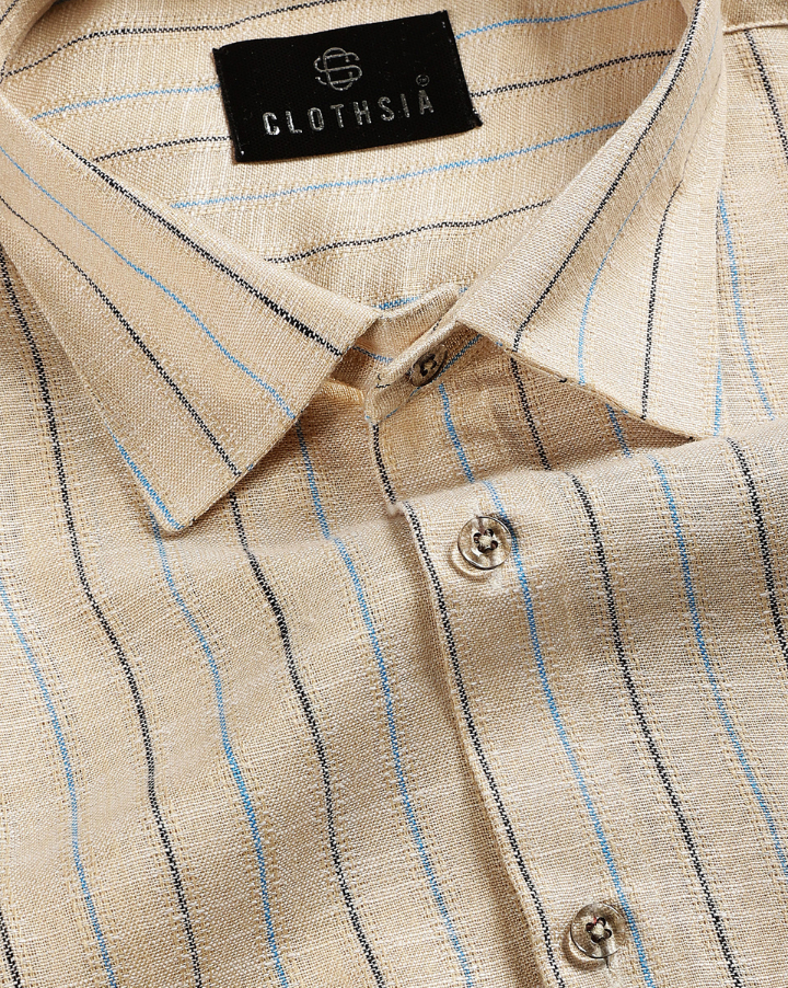 Casual Stripe Light Khaki Black Men Shirt