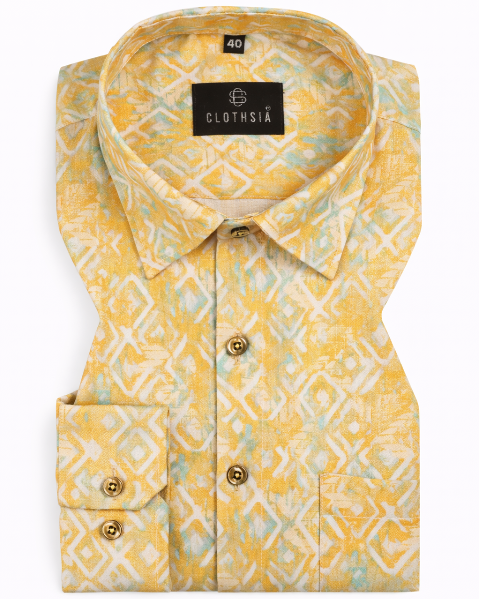 Giza Cotton Print Yellow & Sky Blue Mix Men Shirts