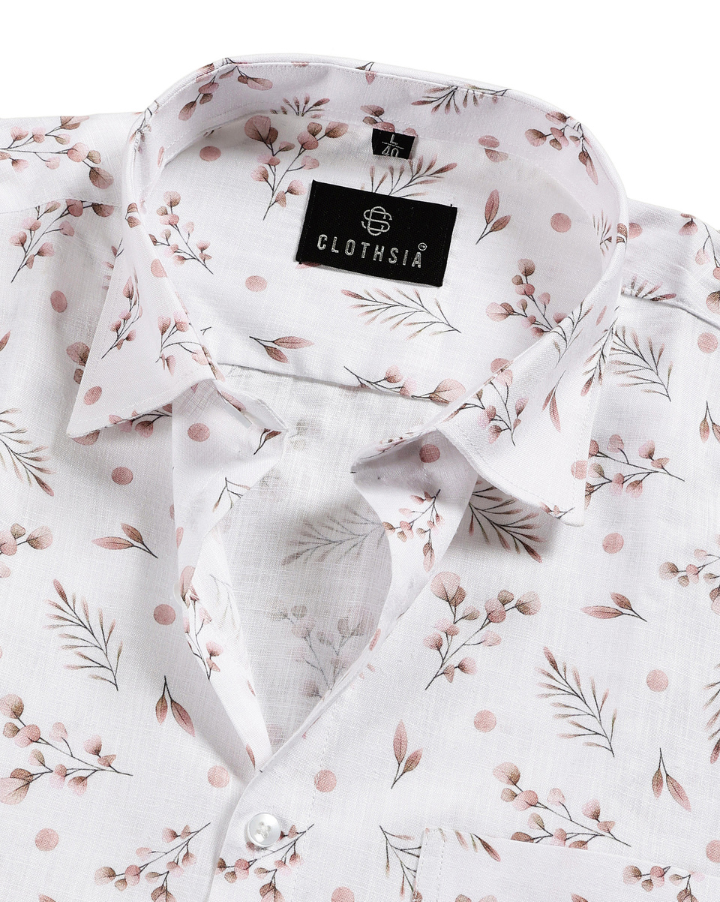 Giza Cotton Leaf Print White With Brown Colour Men Shirt