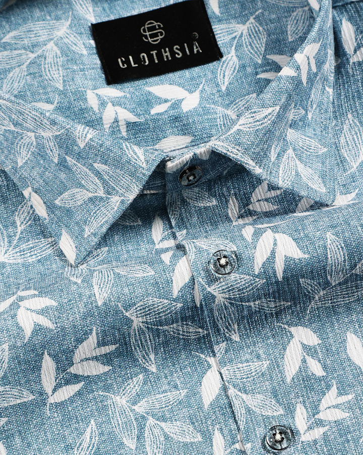 Linen Cotton Botanical Leaf Print Dusty Aqua Colour Men Shirt