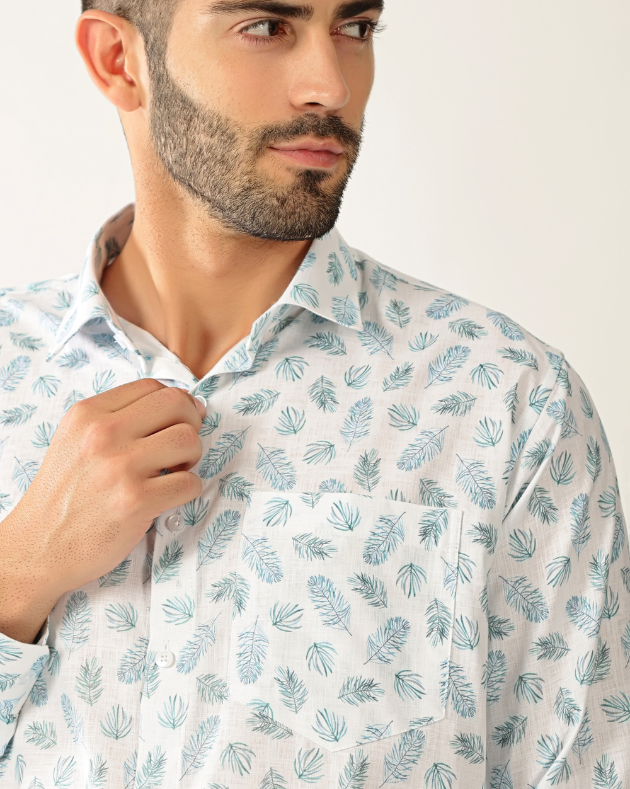 Linen White with Rama Green Print Shirt for Men