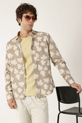 Botanical Leaf Print Cream With Fawn Colour Men’s Shirt