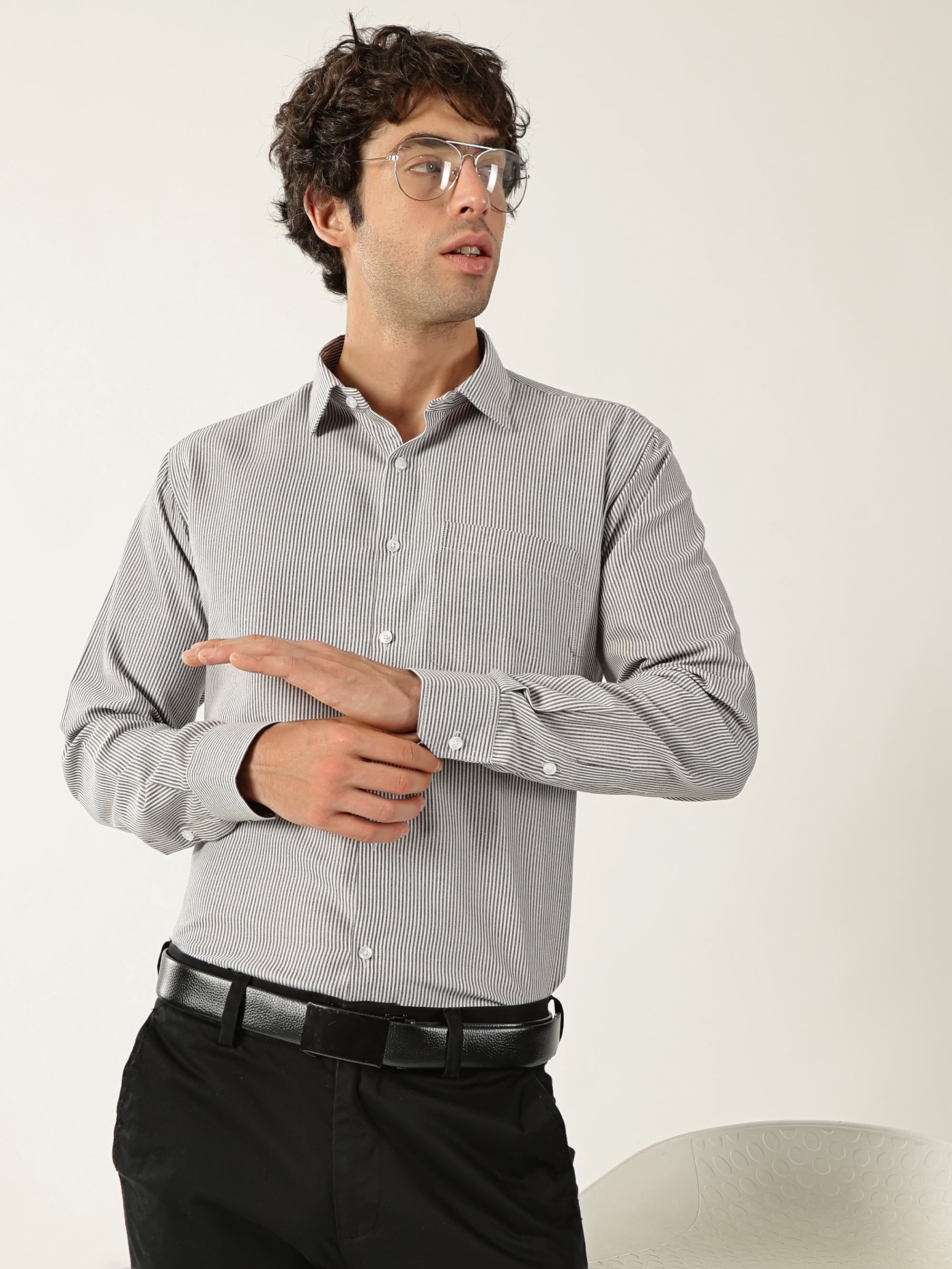 Cotton Small Stripe Brown With White Men’s Shirt