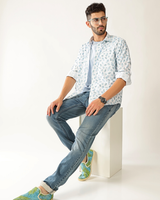 Linen White with Rama Green Print Shirt for Men