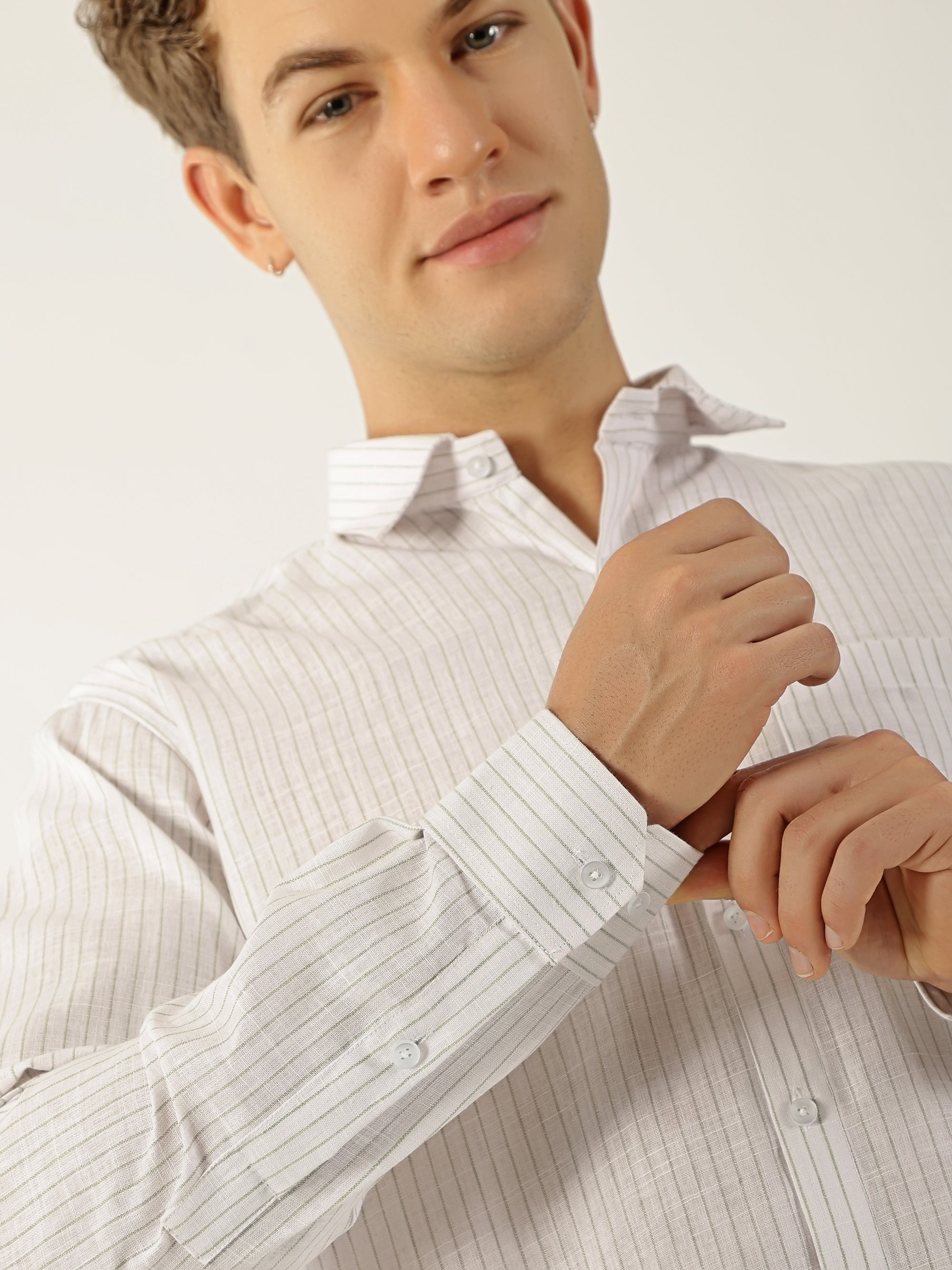 Linen Vertical Small Stripe White With Green Men’s Shirt