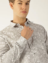 Linen Dusty Brown Botanical Leaf Print Shirt for Men