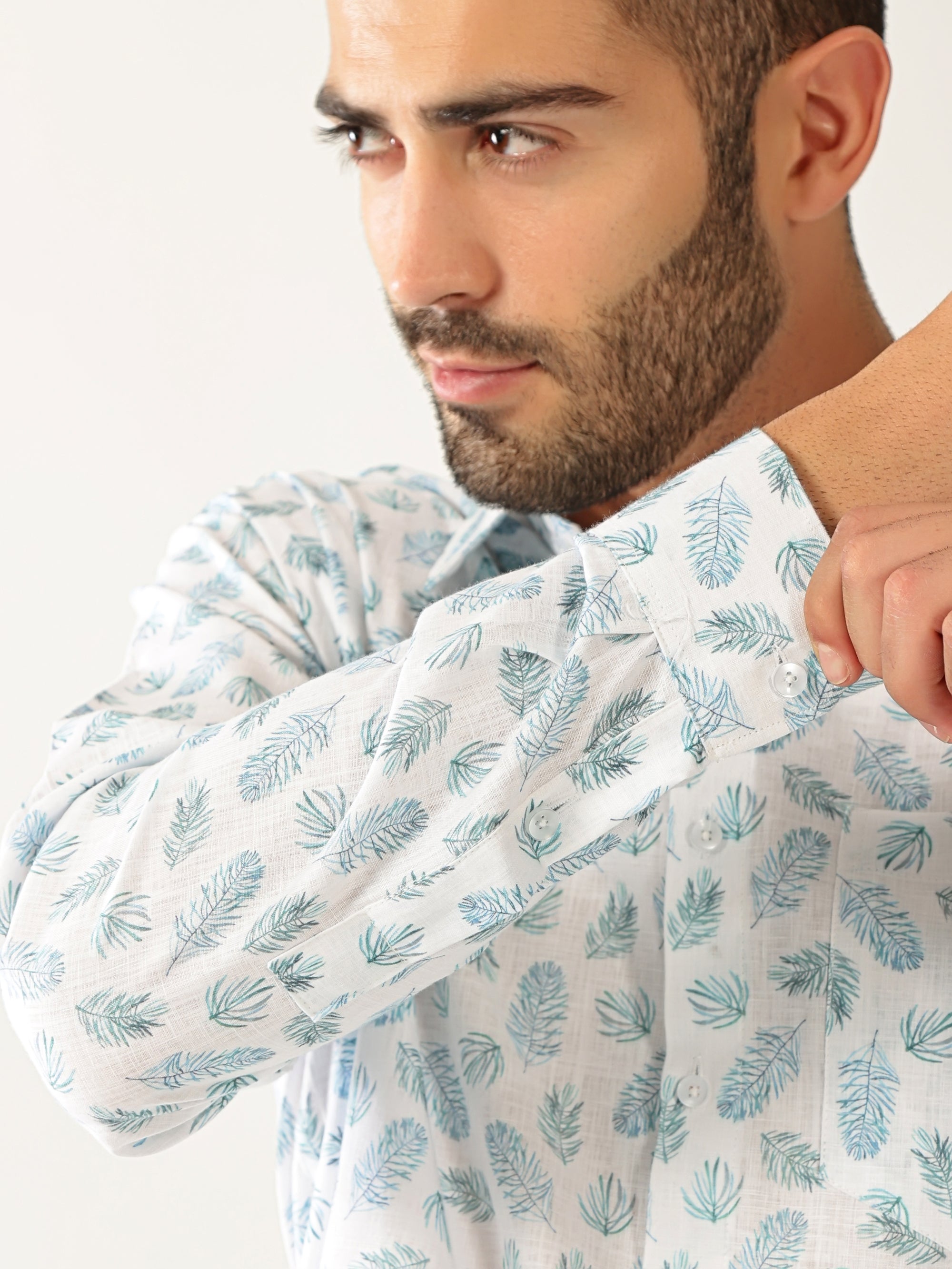 Linen Print White With Rama Green Colour