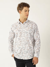 Linen White with Grey Brown Abstract Print Shirt for Men