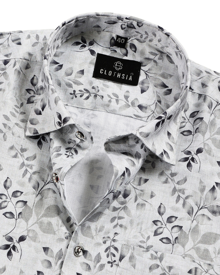 Giza Cotton Leaf Print White With Black Men Shirt