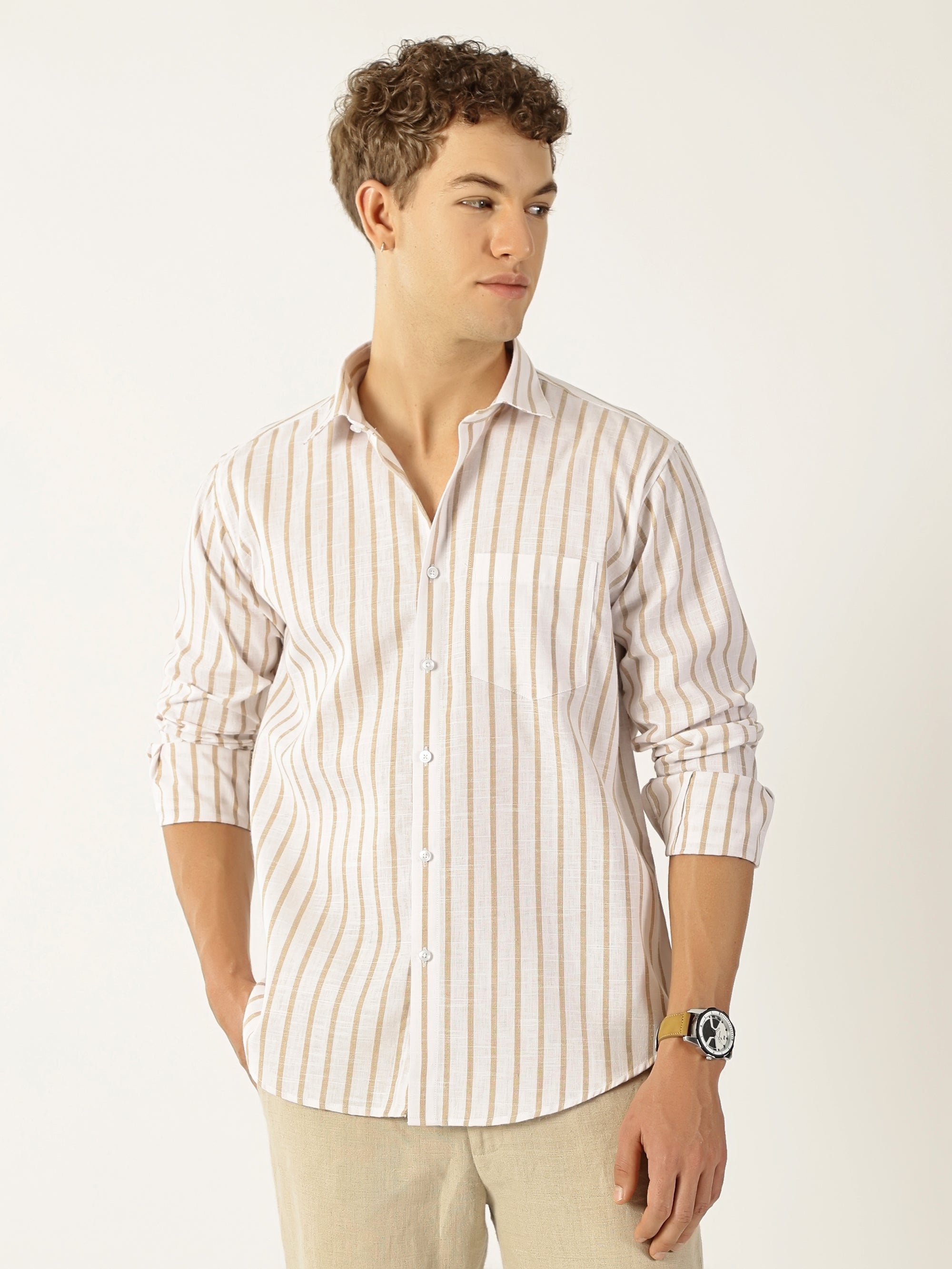 Vertical Stripe White With Beige Colour Men’s Shirt