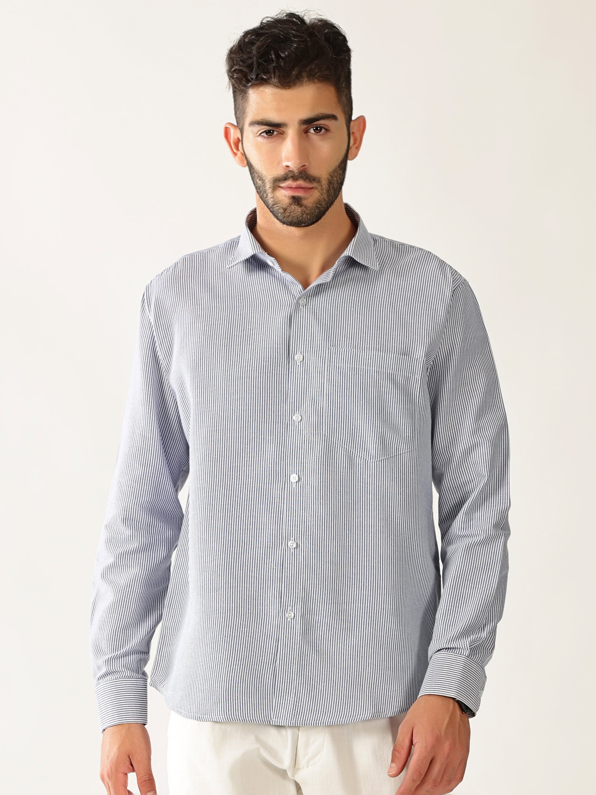 Cotton Small Stripe Blue With White Men’s Shirt