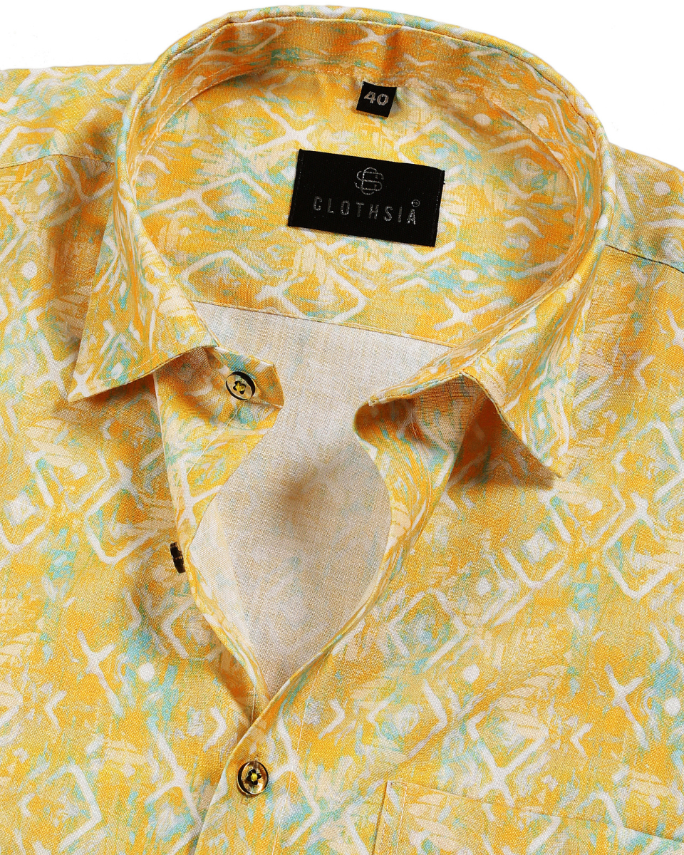 Giza Cotton Print Yellow & Sky Blue Mix Men Shirts
