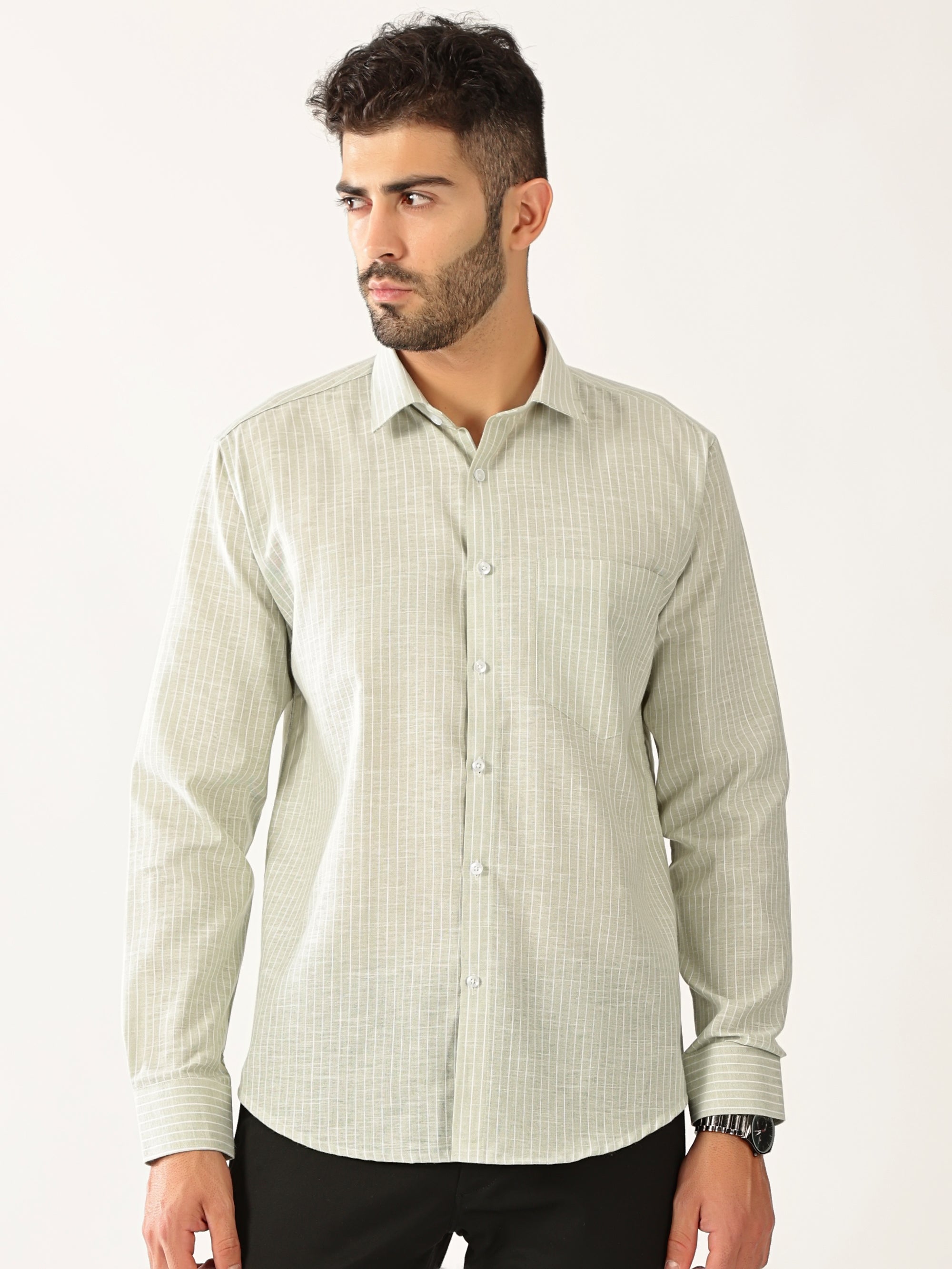 Linen Vertical Small Stripe Green With White Men’s Shirt