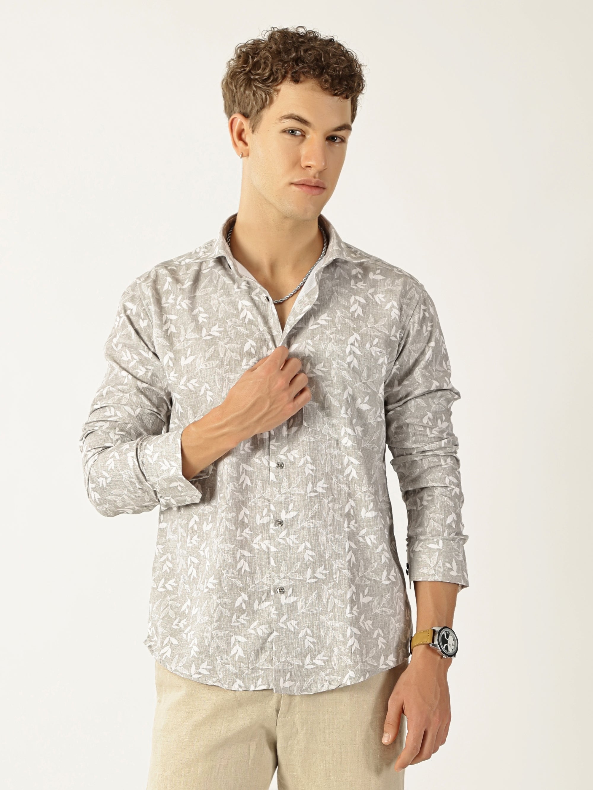 Linen Dusty Brown Botanical Leaf Print Shirt for Men