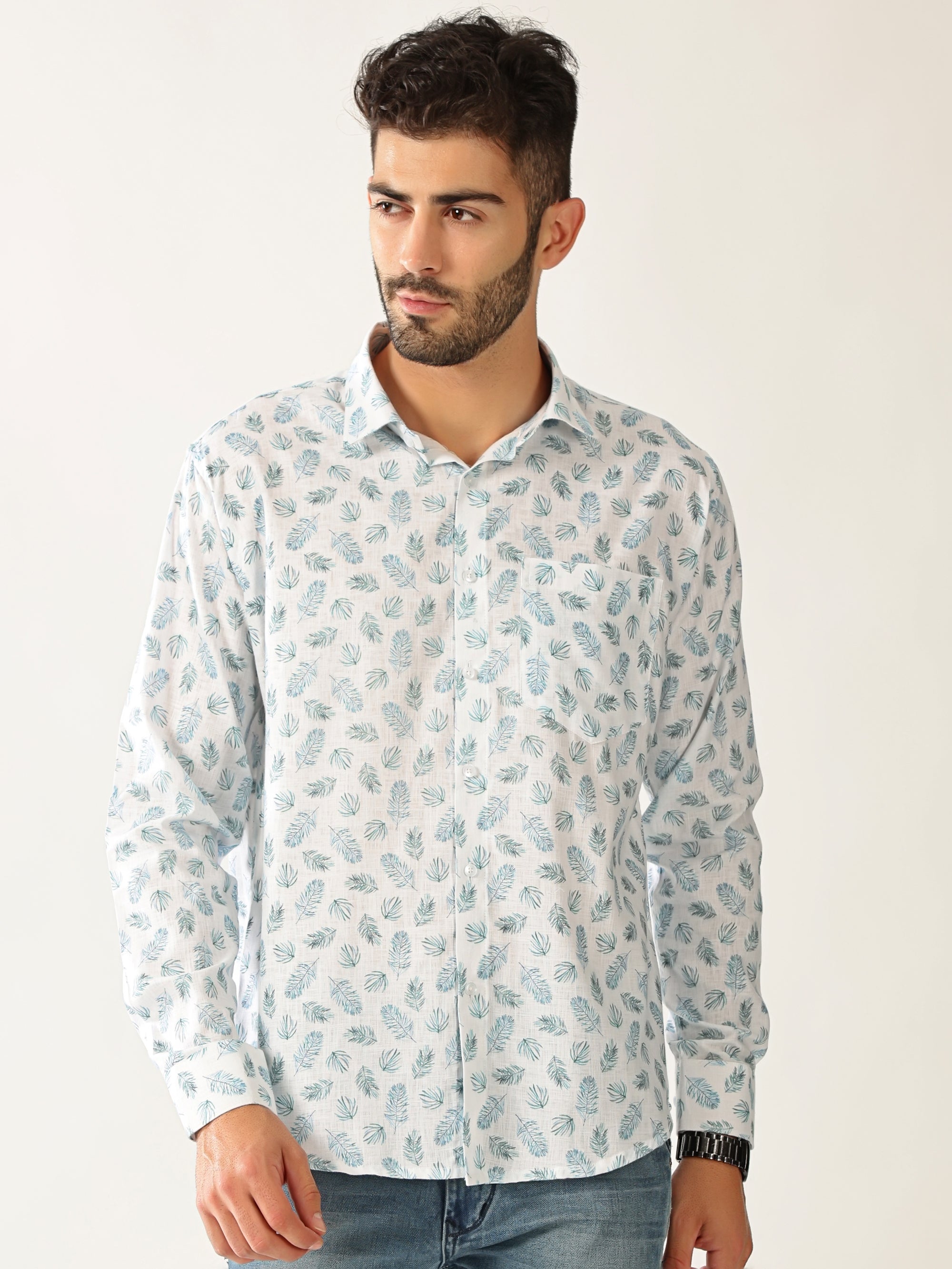 Linen Print White With Rama Green Colour