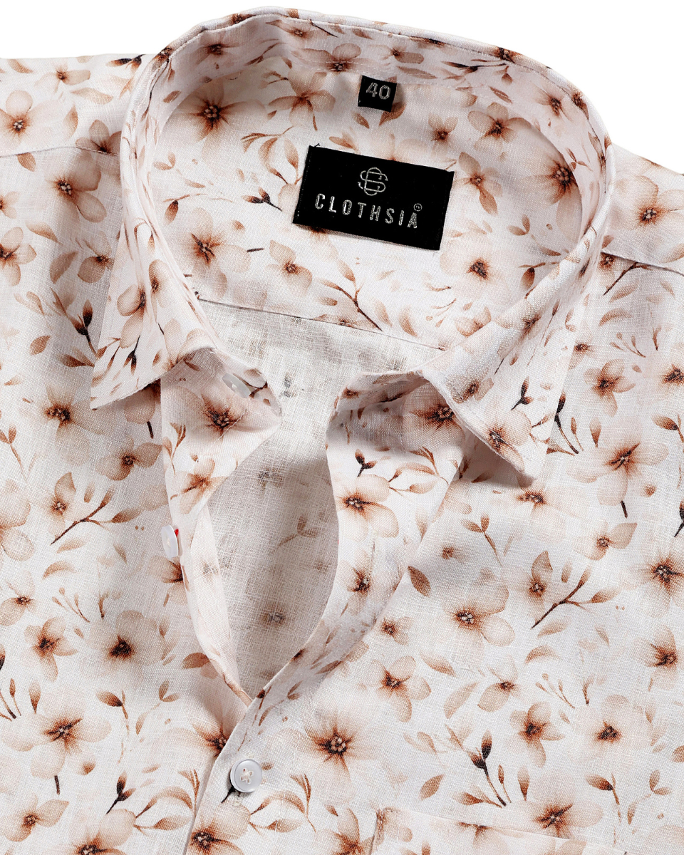 Giza Cotton Floral Print White with Camel Beige Colour Men Shirts