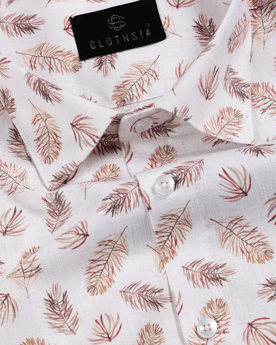 Giza Cotton Leaf Print White with Brown Men Shirts